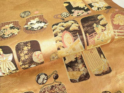 平和屋着物▼六通柄袋帯　人物花文　金糸　引箔　正絹　逸品　DAAY9878az