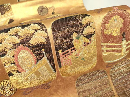 平和屋着物▼六通柄袋帯　人物花文　金糸　引箔　正絹　逸品　DAAY9878az