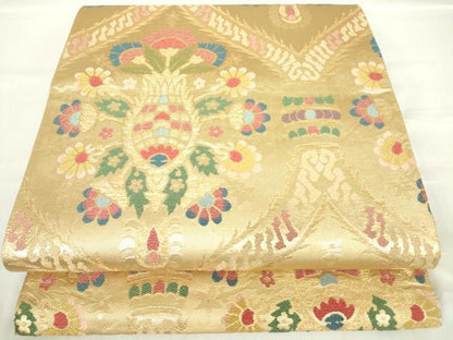 平和屋着物▼六通柄袋帯　唐織　洋花文　金糸　正絹　逸品　DAAY9919az
