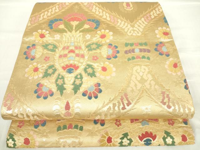 平和屋着物▼六通柄袋帯　唐織　洋花文　金糸　正絹　逸品　DAAY9919az