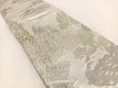 平和屋着物◎佐賀錦　両面　六通柄袋帯　風景樹林文　銀糸　正絹　逸品　BAAV7566yc