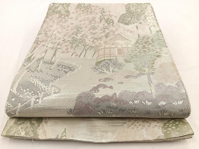 平和屋着物◎佐賀錦　両面　六通柄袋帯　風景樹林文　銀糸　正絹　逸品　BAAV7566yc