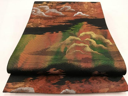 平和屋着物◎六通柄袋帯　流水風景文　黒地　金銀糸　三越扱い　正絹　逸品　BAAV7637yc