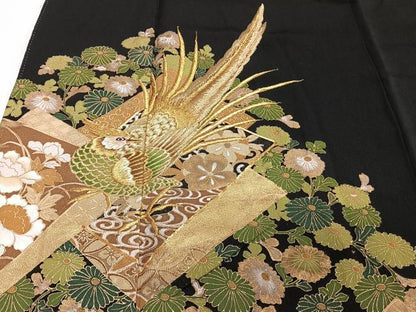 平和屋着物■豪華黒留袖　駒刺繍　吉祥花鳥文　金銀彩　正絹　逸品　CABB2586xi