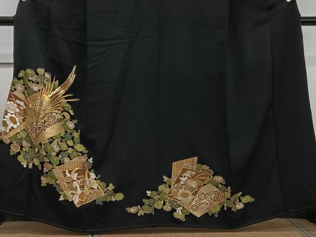 平和屋着物■豪華黒留袖　駒刺繍　吉祥花鳥文　金銀彩　正絹　逸品　CABB2586xi
