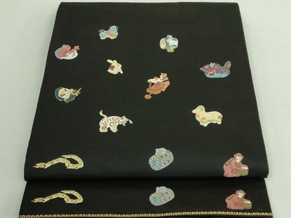 平和屋着物●極上　太鼓柄袋帯　唐織　十二支　干支　黒地　金糸　逸品　DZAB2855kh6