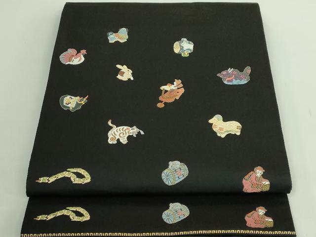 平和屋着物●極上　太鼓柄袋帯　唐織　十二支　干支　黒地　金糸　逸品　DZAB2855kh6