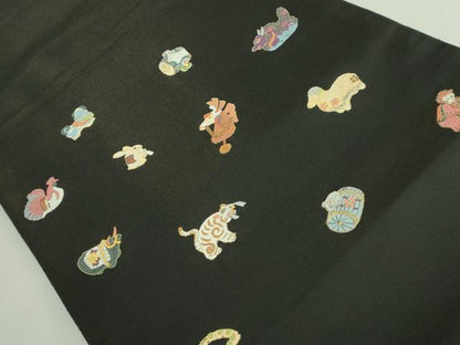 平和屋着物●極上　太鼓柄袋帯　唐織　十二支　干支　黒地　金糸　逸品　DZAB2855kh6