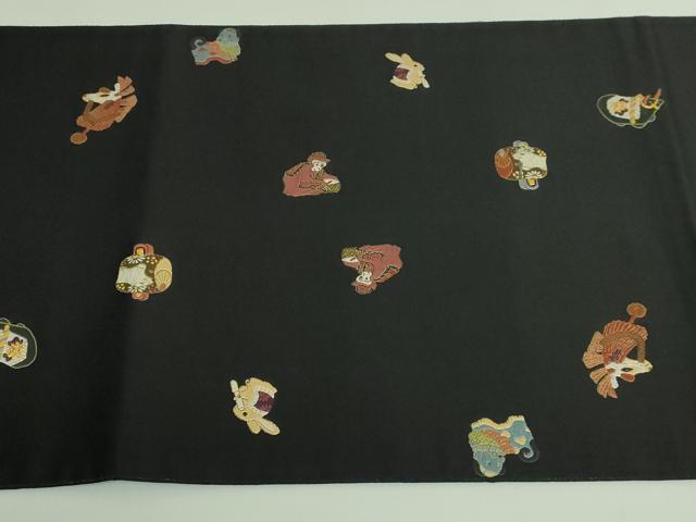 平和屋着物●極上　太鼓柄袋帯　唐織　十二支　干支　黒地　金糸　逸品　DZAB2855kh6