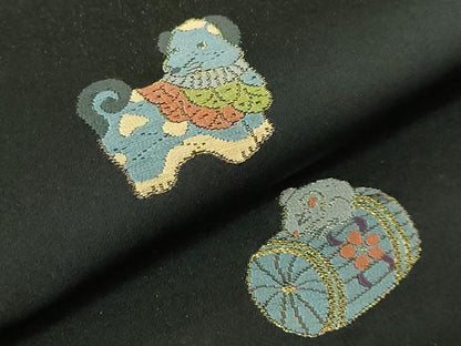 平和屋着物●極上　太鼓柄袋帯　唐織　十二支　干支　黒地　金糸　逸品　DZAB2855kh6