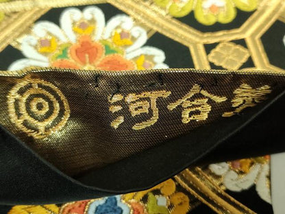平和屋着物●極上　西陣　河合美術織物謹製　六通柄袋帯　唐織　蜀江花文　黒地　金糸　逸品　DZAB2937kh6