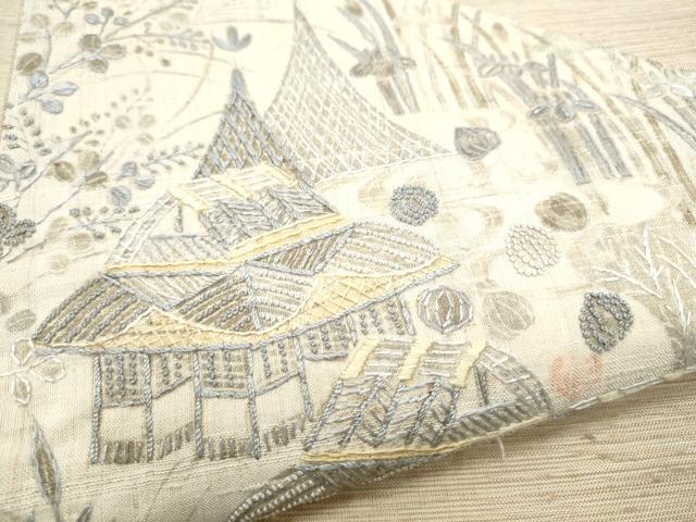 平和屋着物●中国三大刺繍　相良刺繍　太鼓柄袋帯　紬地　切嵌　風景文　正絹　逸品　CABB5621hy 平和屋着物○中国三大刺繍 相良刺繍 太鼓柄袋帯 紬地 切