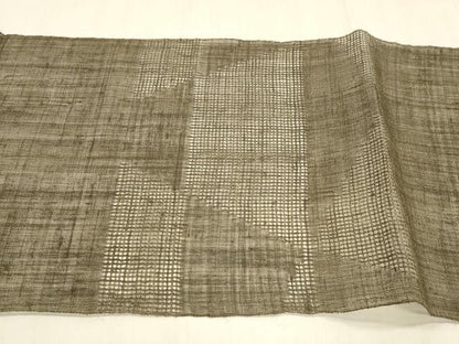 平和屋着物＊夏物　八寸名古屋帯　抽象文様　媚茶色　麻　逸品　DABA0484cm