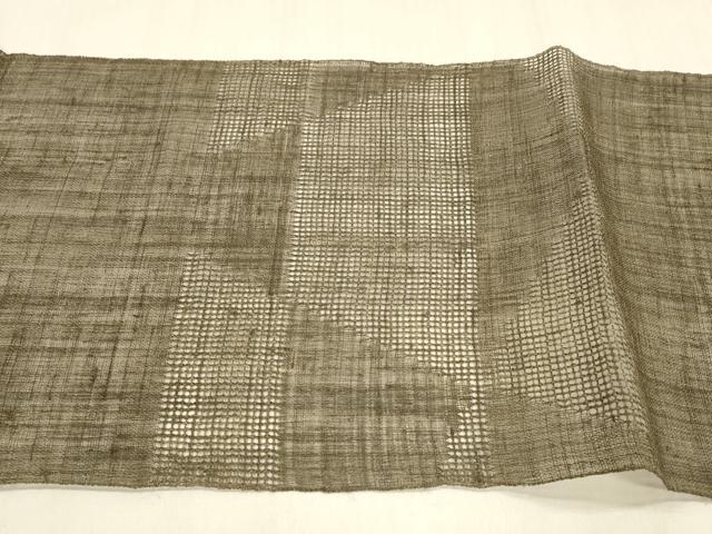 平和屋着物＊夏物　八寸名古屋帯　抽象文様　媚茶色　麻　逸品　DABA0484cm