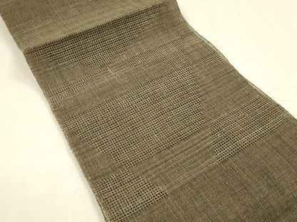 平和屋着物＊夏物　八寸名古屋帯　抽象文様　媚茶色　麻　逸品　DABA0484cm