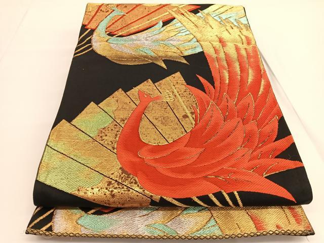 平和屋着物◎六通柄袋帯　唐織　鳳凰扇面文　黒地　金銀糸　正絹　逸品　BAAV9652hv