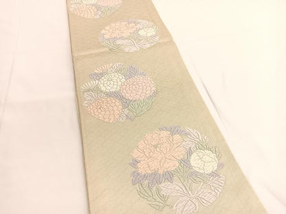 平和屋着物◎佐賀錦　六通柄袋帯　唐織　牡丹菊文　銀糸　正絹　逸品　BAAV9659hv
