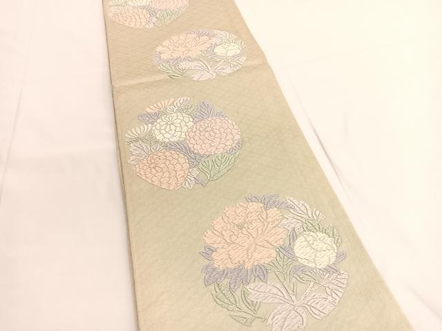 平和屋着物◎佐賀錦　六通柄袋帯　唐織　牡丹菊文　銀糸　正絹　逸品　BAAV9659hv