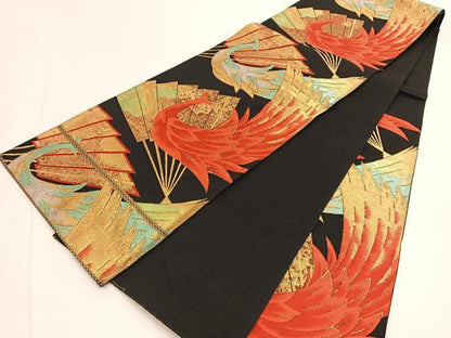 平和屋着物◎六通柄袋帯　唐織　鳳凰扇面文　黒地　金銀糸　正絹　逸品　BAAV9652hv