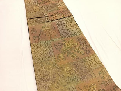 平和屋着物◎六通柄袋帯　ぶろんず　花喰い鳥　金糸　正絹　逸品　BAAV9872hv