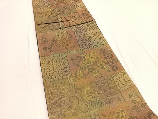 平和屋着物◎六通柄袋帯　ぶろんず　花喰い鳥　金糸　正絹　逸品　BAAV9872hv
