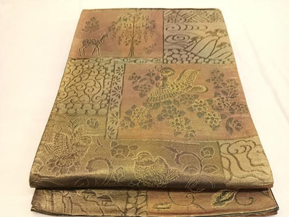 平和屋着物◎六通柄袋帯　ぶろんず　花喰い鳥　金糸　正絹　逸品　BAAV9872hv