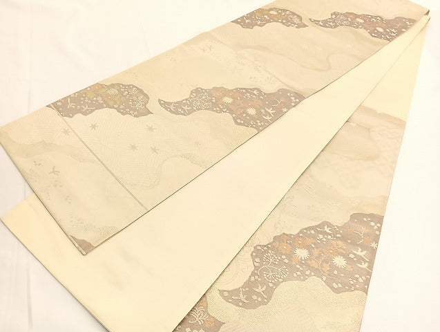 平和屋着物◎六通柄袋帯　道長花鳥文　銀糸　正絹　逸品　BAAV9632hv