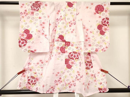 平和屋着物∴夏物 綿紅梅 浴衣 子供 女の子 ３歳 鞠 舞桜 暈し染め 綿 DAAY3491ma