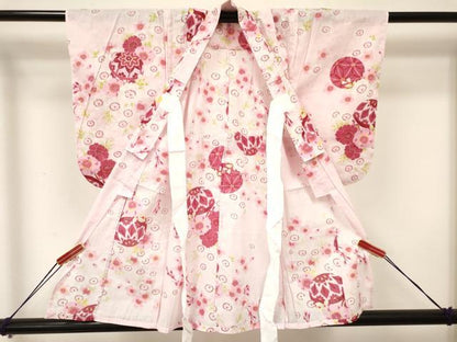 平和屋着物∴夏物 綿紅梅 浴衣 子供 女の子 ３歳 鞠 舞桜 暈し染め 綿 DAAY3491ma