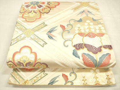 平和屋着物▼六通柄袋帯 唐織 草花文 金糸 正絹 逸品 DABA0532cm