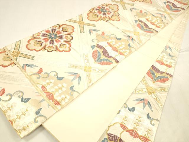 平和屋着物▼六通柄袋帯 唐織 草花文 金糸 正絹 逸品 DABA0532cm