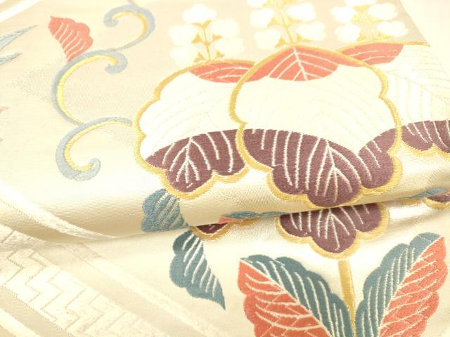 平和屋着物▼六通柄袋帯 唐織 草花文 金糸 正絹 逸品 DABA0532cm