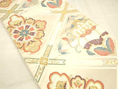 平和屋着物▼六通柄袋帯 唐織 草花文 金糸 正絹 逸品 DABA0532cm