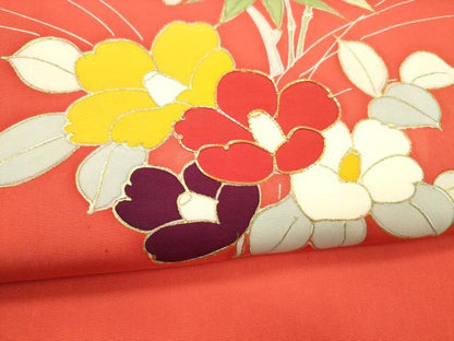 平和屋着物●塩瀬　九寸名古屋帯　駒刺繍　笹竹枝花文　金彩　正絹　逸品　DABA0639cm