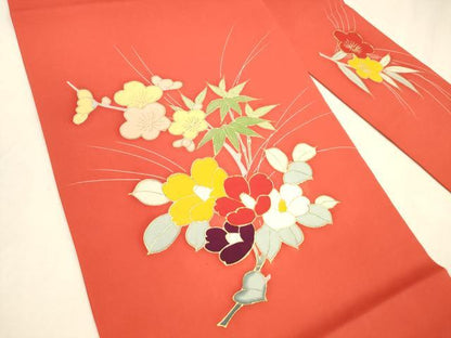 平和屋着物●塩瀬　九寸名古屋帯　駒刺繍　笹竹枝花文　金彩　正絹　逸品　DABA0639cm