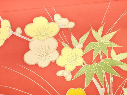 平和屋着物●塩瀬　九寸名古屋帯　駒刺繍　笹竹枝花文　金彩　正絹　逸品　DABA0639cm