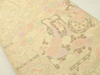 平和屋着物◎六通柄袋帯　御所車花文　金糸　正絹　逸品　DABA5342cd