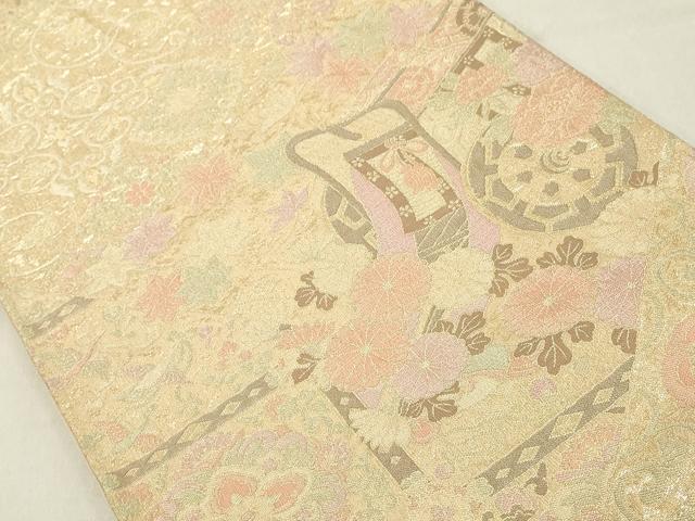 平和屋着物◎六通柄袋帯　御所車花文　金糸　正絹　逸品　DABA5342cd