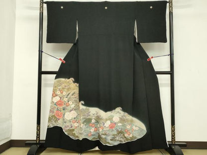 平和屋着物■豪華黒留袖 流水花文 暈し染め 正絹 逸品 DABA5409cd
