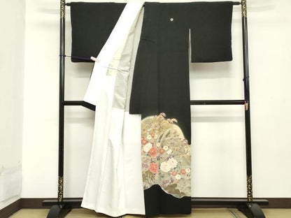 平和屋着物■豪華黒留袖 流水花文 暈し染め 正絹 逸品 DABA5409cd