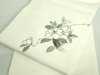 平和屋着物●極上　塩瀬　九寸名古屋帯　手描き　枝花文　金彩　逸品　DZAB3124kh6