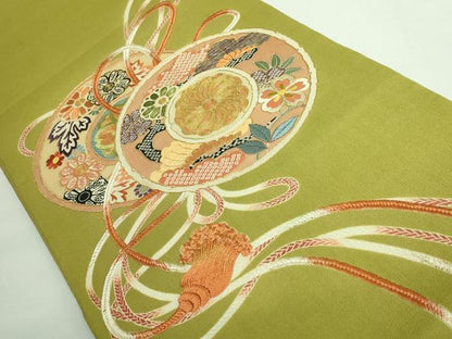 平和屋着物●極上　アンティーク　大正ロマン　太鼓柄袋帯　駒刺繍　鏡裏花文　金糸　逸品　DZAB3122kh6