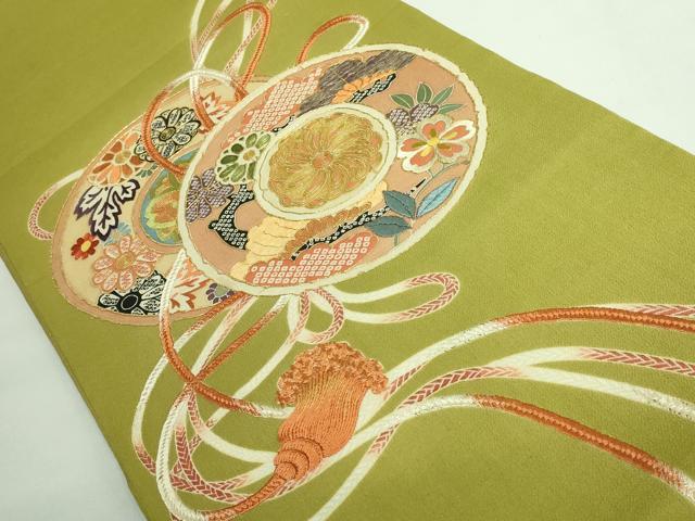 平和屋着物●極上　アンティーク　大正ロマン　太鼓柄袋帯　駒刺繍　鏡裏花文　金糸　逸品　DZAB3122kh6