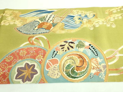 平和屋着物●極上　アンティーク　大正ロマン　太鼓柄袋帯　駒刺繍　鏡裏花文　金糸　逸品　DZAB3122kh6