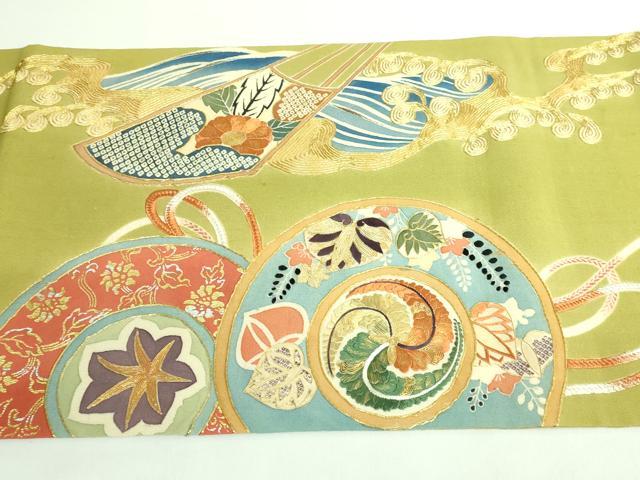 平和屋着物●極上　アンティーク　大正ロマン　太鼓柄袋帯　駒刺繍　鏡裏花文　金糸　逸品　DZAB3122kh6