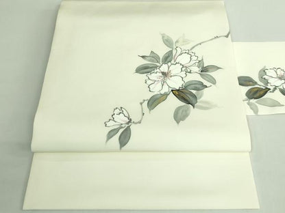 平和屋着物●極上　塩瀬　九寸名古屋帯　手描き　枝花文　金彩　逸品　DZAB3124kh6