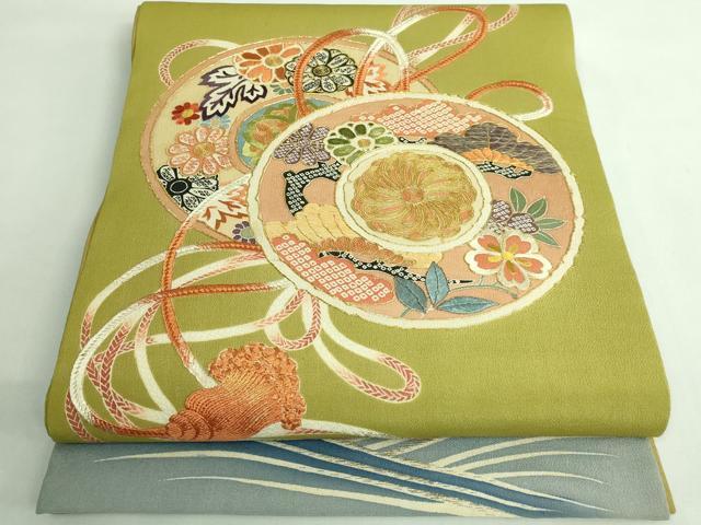 平和屋着物●極上　アンティーク　大正ロマン　太鼓柄袋帯　駒刺繍　鏡裏花文　金糸　逸品　DZAB3122kh6
