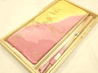 平和屋本店●和装小物　帯締め・帯揚げセット　笹浪組　草花文　籠目　暈し染め　金糸　金彩　正絹　逸品　未使用　AABD9770ay
