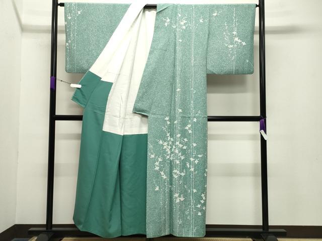 付け下げ　紋なし　たたき染　ブラック　グリーン　着物　013a d 付け下げ 紋なし たたき染 ブラック グリーン 着物 013a d