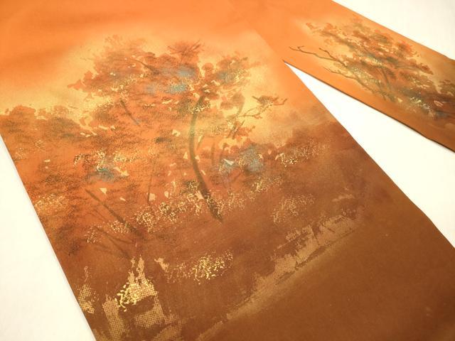 平和屋着物●塩瀬　九寸名古屋帯　ろうけつ染め　樹林文　金彩　正絹　逸品　DABA0805cm
